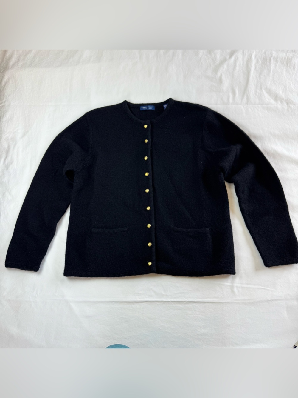 Karen Scott Pure Wool Cardigan Sweater Size Large L Black Gold Buttons (C)